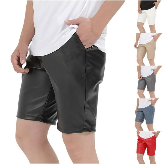 AXXD Men's Cargo Shorts White Summer Men's Faux Leather Shorts with Pocket Casual Pure Color Beach Shorts Father's Day Gift