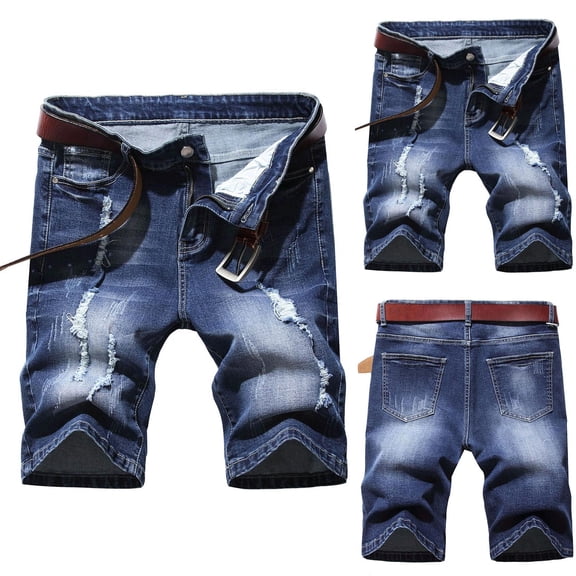 AXXD Mens Cargo Shorts Blue Summer Ripped Jean Shorts with Zipper Elastic Distressed Slim Fit Holes Denim Shorts New Arrival
