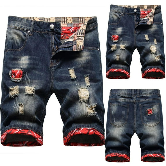 AXXD Mens Shorts Cargo Blue Summer Zipper Elastic Slim Casual Denim Shorts Play Wrap Ripped Mid-length Pants Clearance