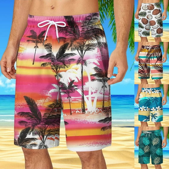 AXXD Mens Shorts Casual Summer Hawaiian Pocket Elastic Waist Print Beach Shorts Sports Pants New Arrival
