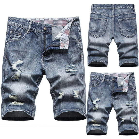 AXXD Mens Shorts Clearance Clothing Under $10 Blue Summer Zipper Elastic Slim Casual Denim Shorts Play Wrap Ripped Mid-length Pants Father's Day Gift
