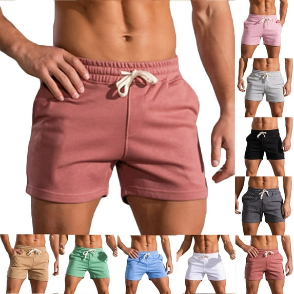 AXXD Mens Shorts Pink Summer 5 Inch Inseam Shorts Men Solid Drawstring Sports Elastic Mid-waist Shorts