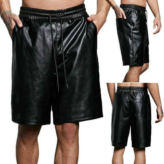 AXXD Mens Summer Shorts Black Mens Vintage Leather Shorts Punk Retro Solid Black Faux Leather Pants Clearance