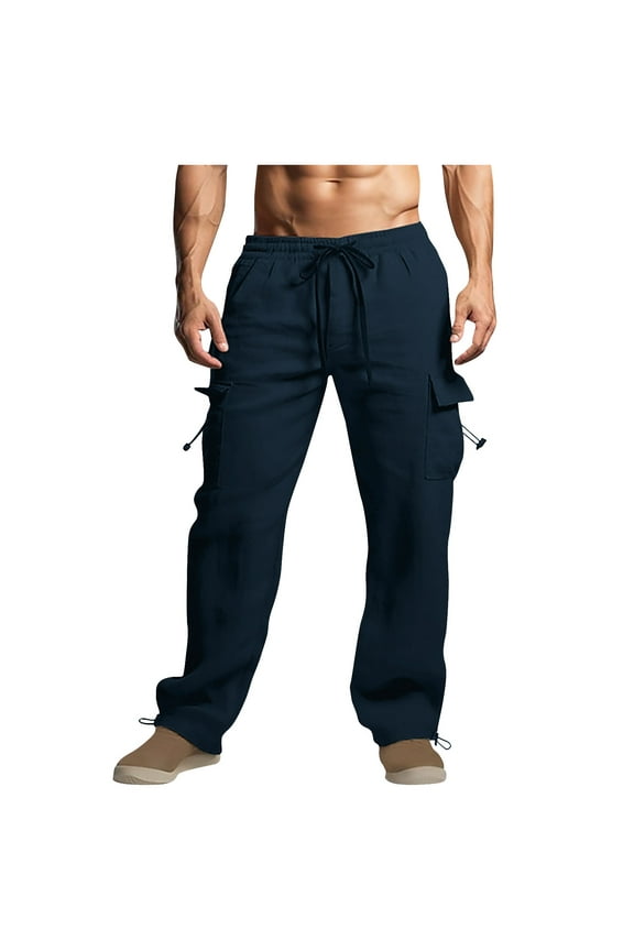 Navy Pants For Men Cargo Elastic Waist Cotton Linen Drawstring MultiPocket Casual Crgo Pants Workout Clothing