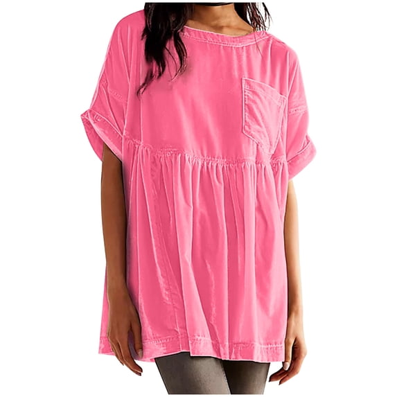 AXXD Pink Basic Blouses for Women Business Casual Summer 2024 Casual Solid Color Gold Velvet Casual Pleated Pocket Short Sleeved Top