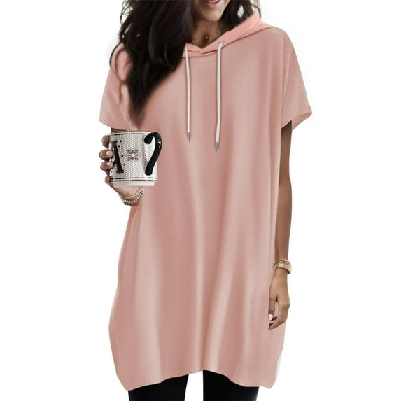AXXD Pink Basic Ladies Tops Summer 2024 Solid Color Hooded Drawstring Round Neck Short Sleeved T-shirt Loose Top