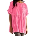 thumbnail image 1 of AXXD Pink Basic Plus Size Shirts for Women Summer 2024 Casual Solid Color Gold Velvet Casual Pleated Pocket Short Sleeved Top, 1 of 7