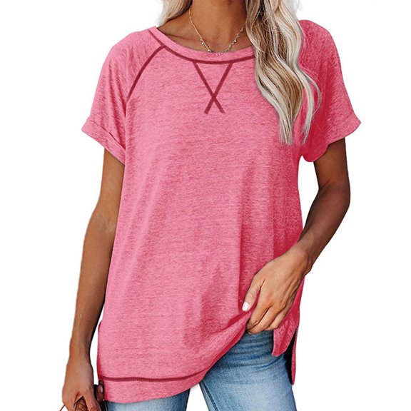 AXXD Pink Basic Sexy Shirts for Women Summer 2024 Solid Color Short Sleeve Casual Round Neck Side Split Trendy T Shirt Short Sleeve Round Neck Top