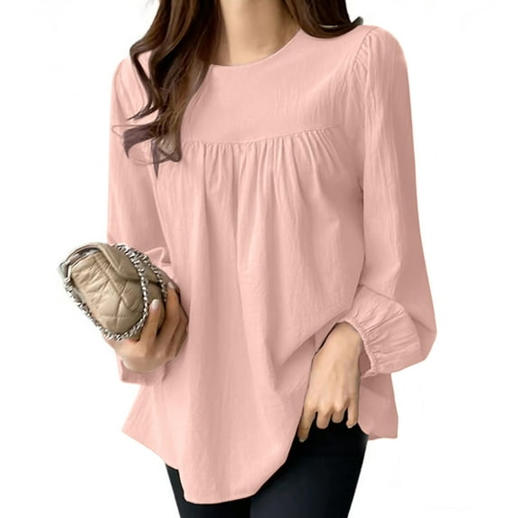 AXXD Pink Basic Shirts for Women Trendy Summer 2024 Oversized Solid Color Loose Round Neck Shirt Long Sleeved Top/shirt