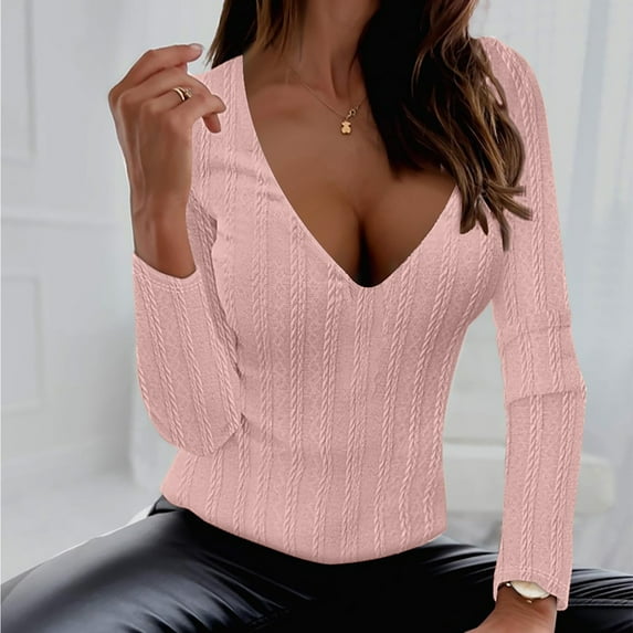 AXXD Pink Basic Summer Shirts for Women 2024 Solid Color V-neck Long Sleeve Casual Knit Top Blouse