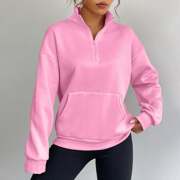 AXXD Pink Basic Summer Tops for Women 2024 2024 Turtle Necks Long Sleeved Solid Color Zipper Stitching Pocket High Neck Sweater