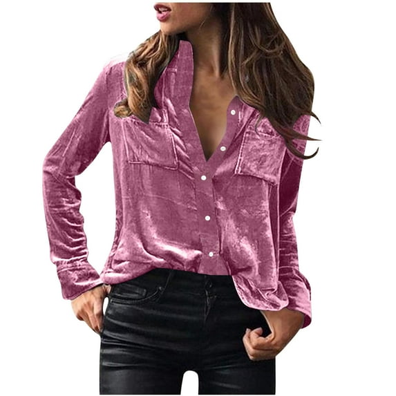 AXXD Pink Basic Sweatshirts for Women Trendy Summer 2024 Satin Pocket Business V-Neck Solid-color Commute Long Sleeve Blouses Shirt Tops