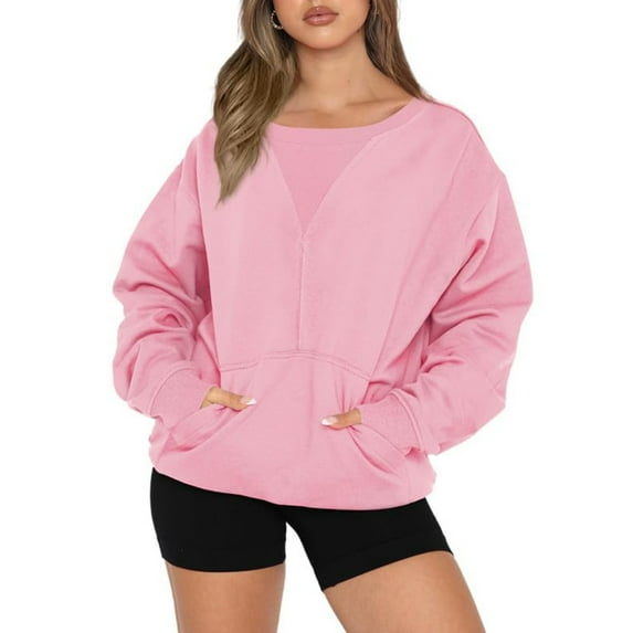 AXXD Pink Basic Tunic Shirts for Women Trendy Summer 2024 Long Sleeves Casual Shirts Color Round Neck Pokets Sweatshirt Pullover Loose Tunic Tops