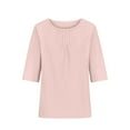 thumbnail image 1 of AXXD Pink Basic Work Shirts for Women Summer 2024 Solid Color Loose Round Neck Middle Sleeve Folded Cotton Linen Shirt Top, 1 of 6