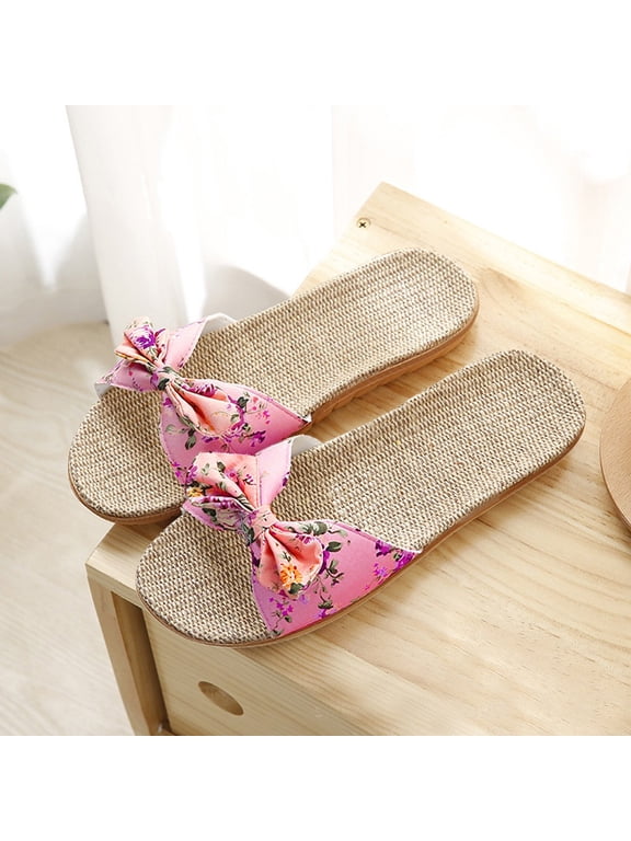 Pink Slide Sandals for Women 6.5-7.5 Summer Bowknot Flax Linen Flip Flops Beach Shoes Boho Sandals Slides