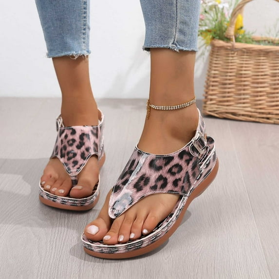 AXXD Pink Wedge Sandals for Women 7 Summer New Plus-size Leopard Print Sandals