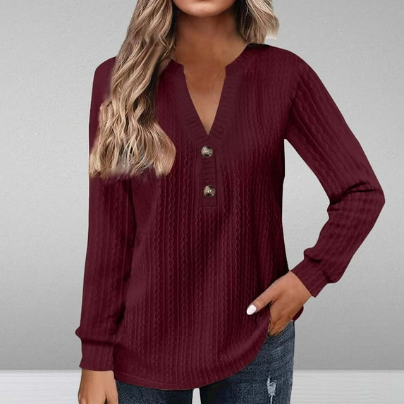 AXXD Plus Size Summer Tops for Women 2024 2024 Trendy Button V-Neck Long Sleeve Casual T-shirt Solid Blouse