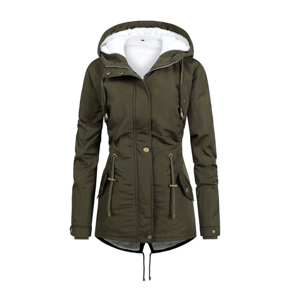AXXD Winter Coats for Women Long Sleeve Solid Color Velvet Hood Plus Size Warm Jacket Army Green Size L(Us:8)