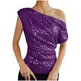thumbnail image 1 of AXXD Purple Basic Blouses for Women Business Casual Summer 2024 Sequin Trendy Short Sleeve Skew Collar Casual T-shirt Top Solid Blouse, 1 of 6