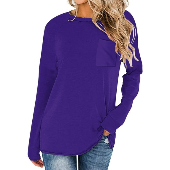AXXD Purple Basic Business Casual Tops for Women Summer 2024 Trendy Casual Solid Drop Shoulder Long Sleeve Raglan Sleeve Tops Round Neck Loose Shirt With Poket