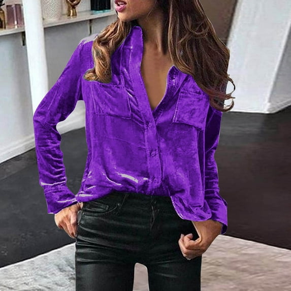 AXXD Purple Basic Business Casual Tops for Women Summer 2024 Deep V Neck Loose Tops Casual T-Shirts Long Sleeve Blouse