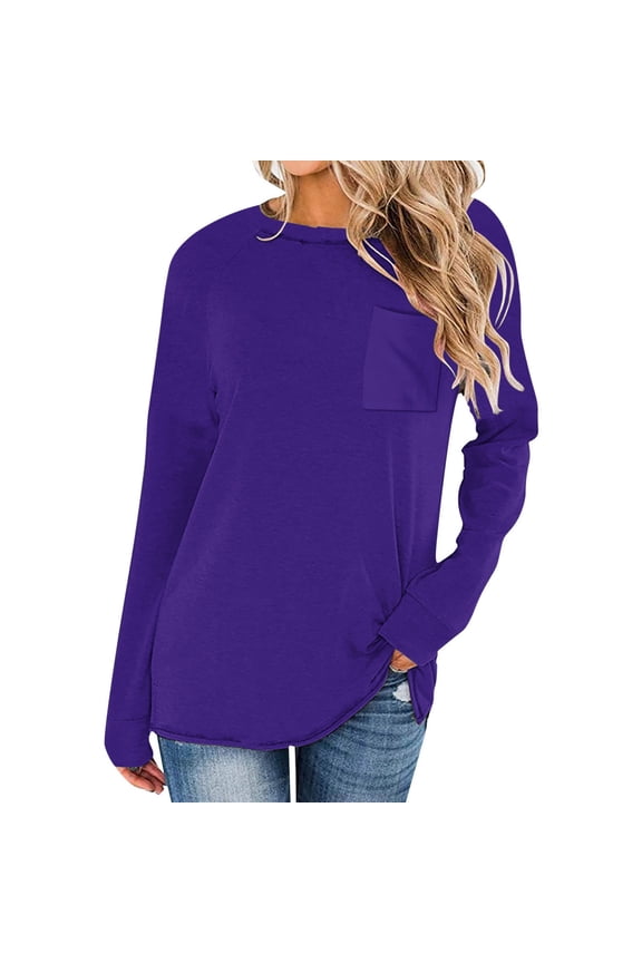 Purple Basic Cute Tops for Women Summer 2024 Trendy Casual Solid Drop Shoulder Long Sleeve Raglan Sleeve Tops Round Neck Loose Shirt With Poket