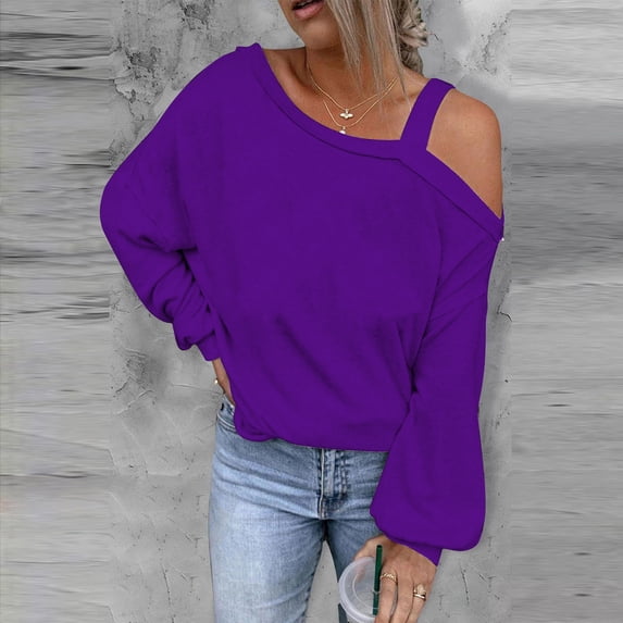 AXXD Purple Basic Summer Shirts for Women 2024 Trendy Casual Solid One Shoulder Pullover Long Sleeve Top