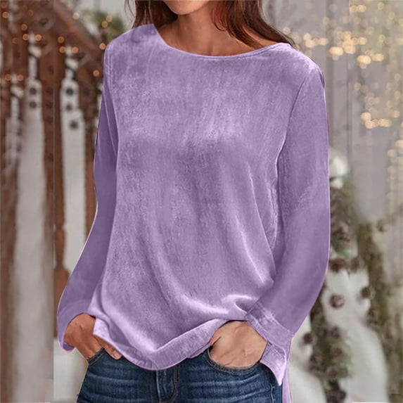 AXXD Purple Basic Summer Shirts for Women 2024 Trendy Pullove Solid Long Sleeve Casual Shirt Blouse Tops