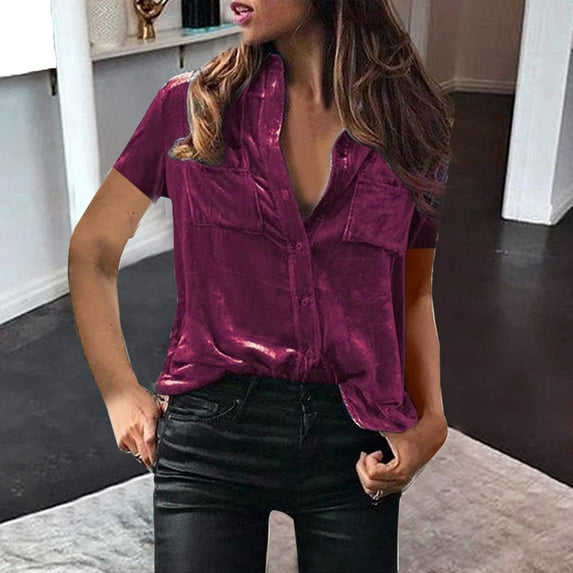 AXXD Purple Basic Tops for Women Trendy Summer 2024 Ladies Solid Button Collar Tops Loose V Neck T-Shirts Short Sleeve Blouse