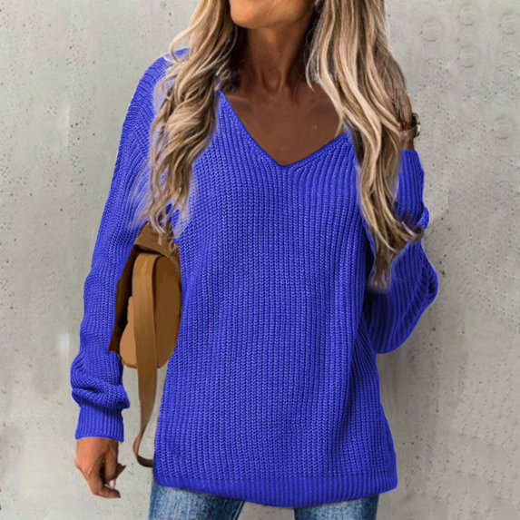 AXXD Purple Basic Trendy Tops for Women 2024 Summer Solid V-Neck Long Sleeve Casual Knit Top Blouse