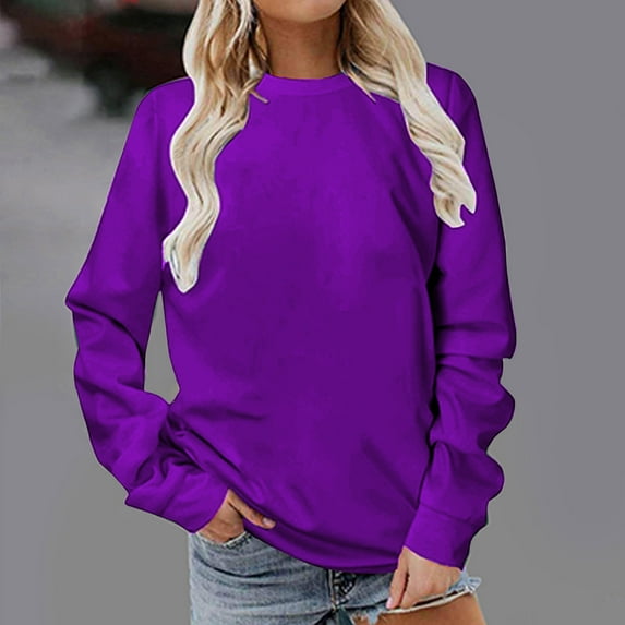 AXXD Purple Basic Tunic Plus Size Shirts for Women Summer 2024 Long Sleeves Casual Solid Color Crewneck Pullover Sweatshirt Tunic Tops