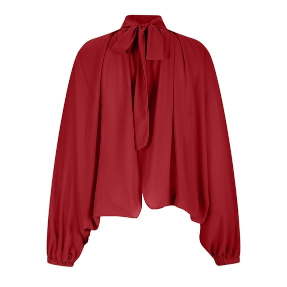 AXXD Red Basic Spring Tops for Women 2024 Summer Loose Casual Lantern Sleeve Solid Color Chiffon Shirt Long Sleeved Top