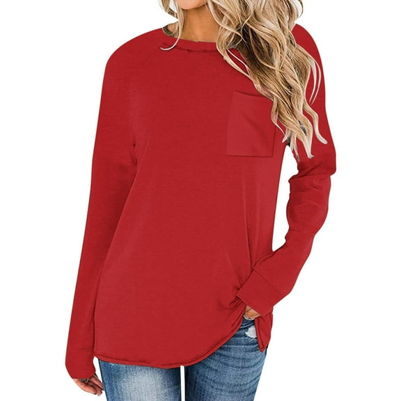 AXXD Red Basic T Shirts for Women Summer 2024 Trendy Casual Solid Drop Shoulder Long Sleeve Raglan Sleeve Tops Round Neck Loose Shirt With Poket