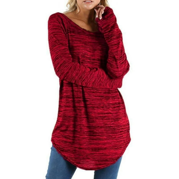 AXXD Red Basic Tunic Going Out Tops for Women Summer 2024 Tunic Tops to Wear with Leggings Color Long Slim Round Neck Long Sleeve T-shirt Tops