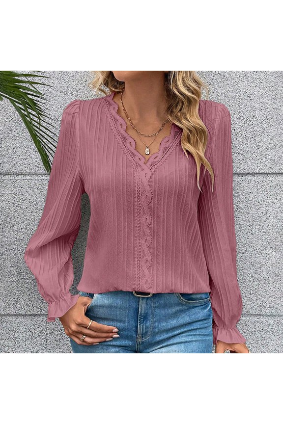 Red Basic Western Shirts for Women 2024 Fall Solid Color Long Sleeve V-Neck Lace Splicing Hollow Bubble Sleeve Shirt