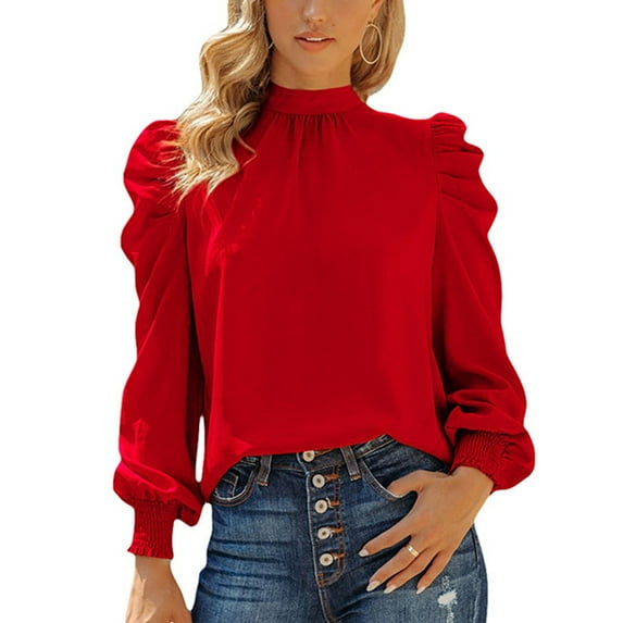 AXXD Red Basic Western Tops for Women Summer 2024 Trendy Round-Neck Long Sleeve Solid Casual T- Shirt Blouse Tops