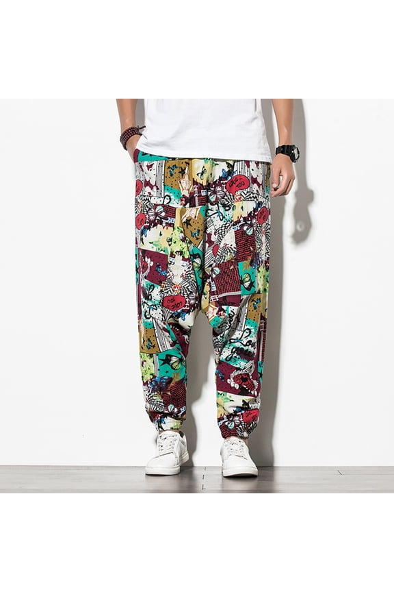 Retro Printing Elastic Waist Pockets Loose Long Pants Men Knit Pants Elastic Waist Yellow 3XL