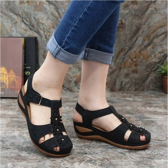 AXXD Round Toe Wedge Hollow Comfort Flower Roman Plus Size Lightweight Soft Black Womens Wedge Sandals Christmas Size 36(US:5.5)