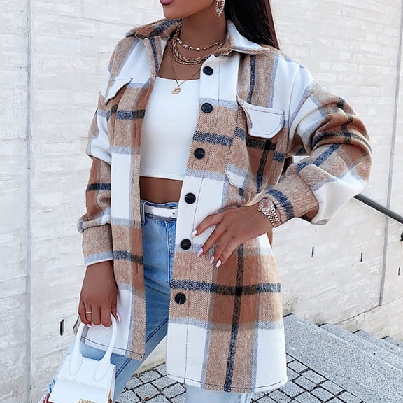 AXXD Shacket Long Jacket Women Printed Wool Slim Woolen Long Sleeve Plaid Pocket Shackets Jacket Khaki Size XL(US:10)