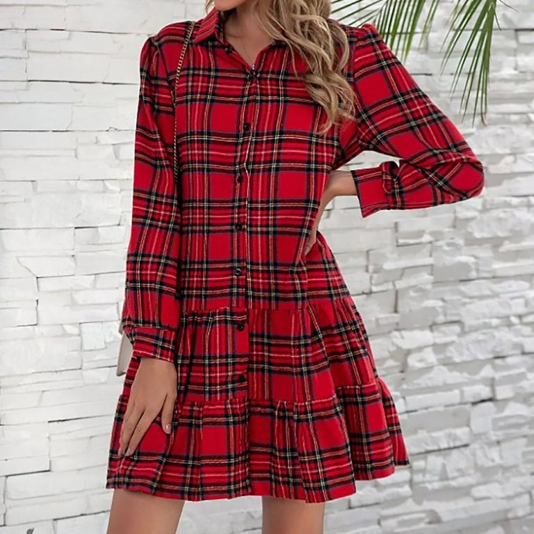 AXXD Women's Turn Collar Plaid Single Breasted Maxi Dress