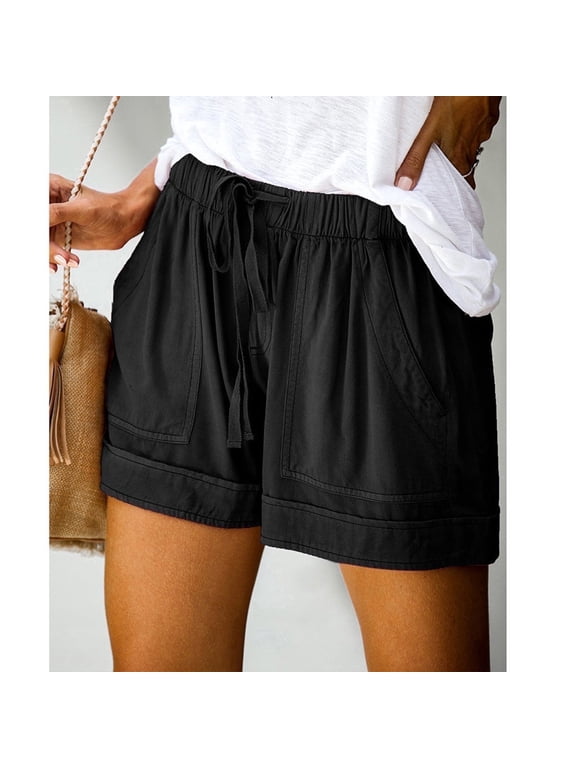 Women's Plus Size Drawstring Elastic Waist Gym Shorts with Pockets, Black