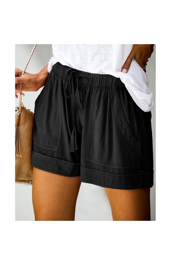 Shorts for Women,Ruffle Shorts,Comfy Drawstring Elastic Waist Pocket Loose Pack Black 10