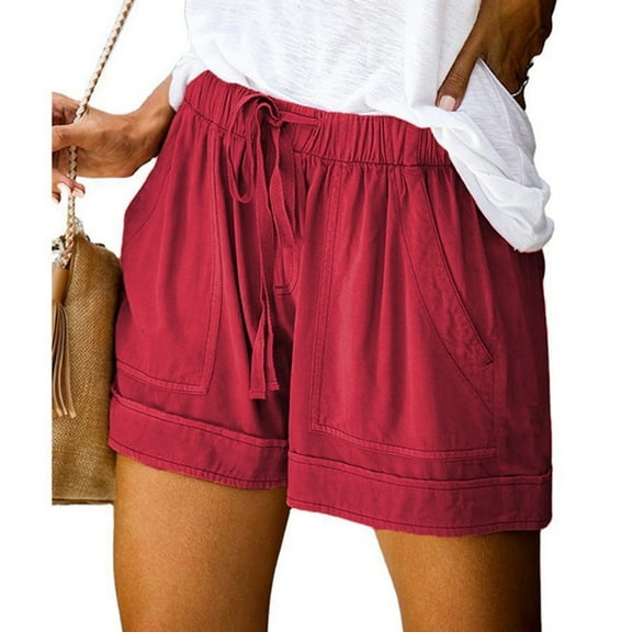 AXXD Shorts for Women,Ruffle Shorts,Plus Size Comfy Drawstring Elastic Waist Pocket Loose Shorts Summer Red 18