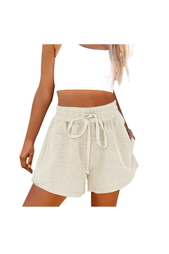 Shorts For Women Clearance Under $10,Solid Color Wide Leg Loose High Waist Lace-up Compression Shorts for Lady Beige 8