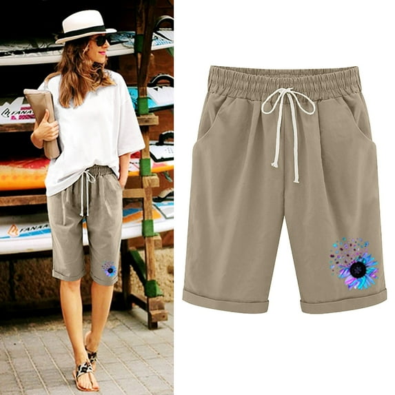 AXXD Shorts For Women Clearance Under $10,Summer Print Large Size Cotton Linen Jean Shorts Womens Stretchy Khaki 18