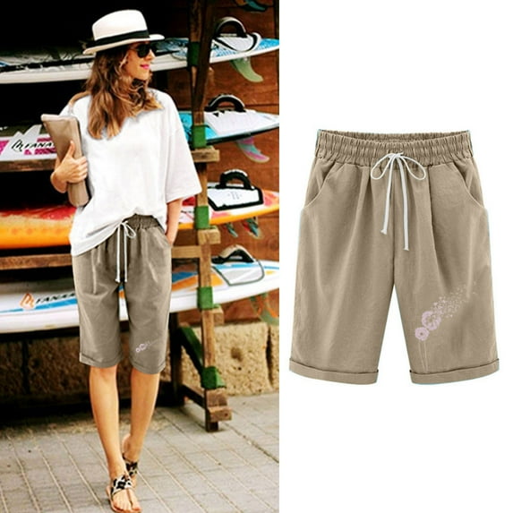 AXXD Shorts For Women Clearance Under $10,Summer Printed Large Size Cotton Linen Shorts Clearance Clothing Under $10 Khaki 4