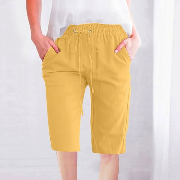 AXXD Shorts for Women Casual Summer Clearance Solid Color Waist Elastic Loose Straight Wide Leg Half Shorts With Pocket Mother's Day