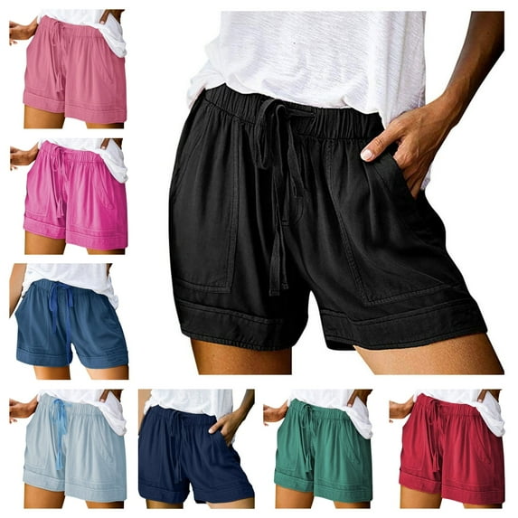 AXXD Shorts for Women,Ruffle Shorts,Comfy Drawstring Elastic Waist Pocket Loose Shorts Lady Black 8