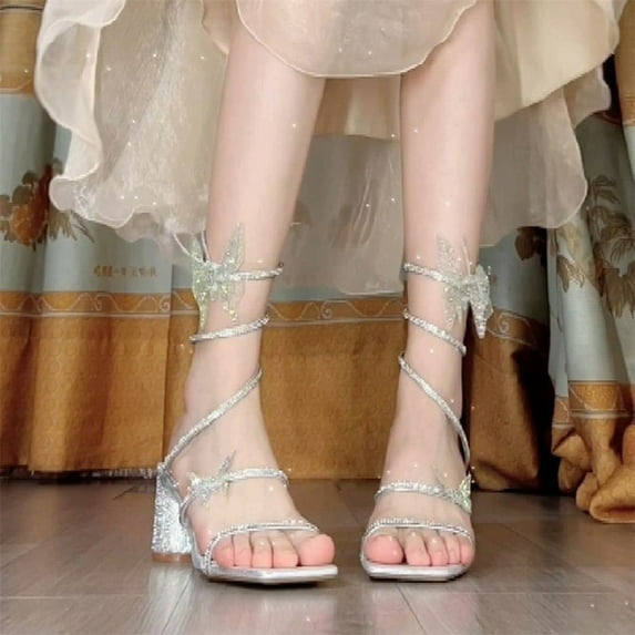 AXXD Silver Sandals for Women Summer Rhinestone Thick Heel With Bow Wrap Versatile Sandals