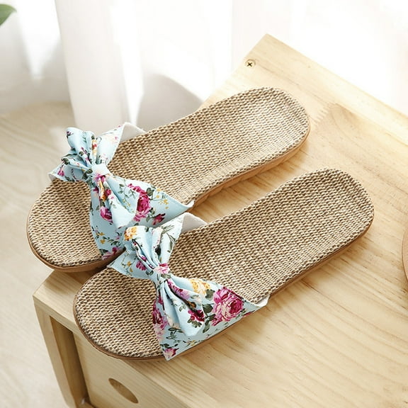 AXXD Slide Sandals for Women 6.5-7.5 Summer Bowknot Flax Linen Flip Flops Beach Shoes Boho Sandals Slides
